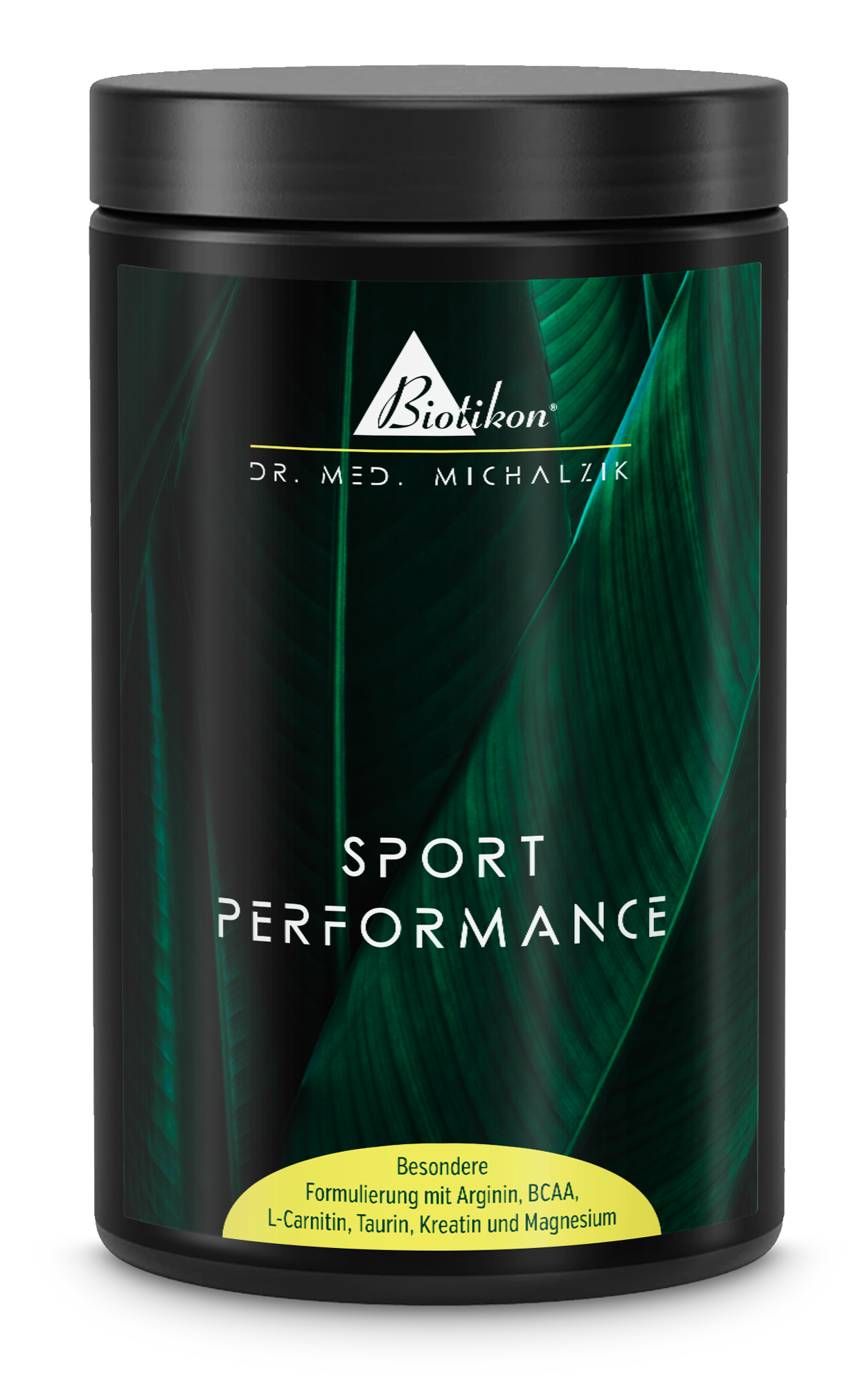 Polvere di Prestazione Sportiva – Contenitore Nero Polvere di prestazione sportiva in un contenitore nero con confezione verde, evidenzia una formulazione unica.