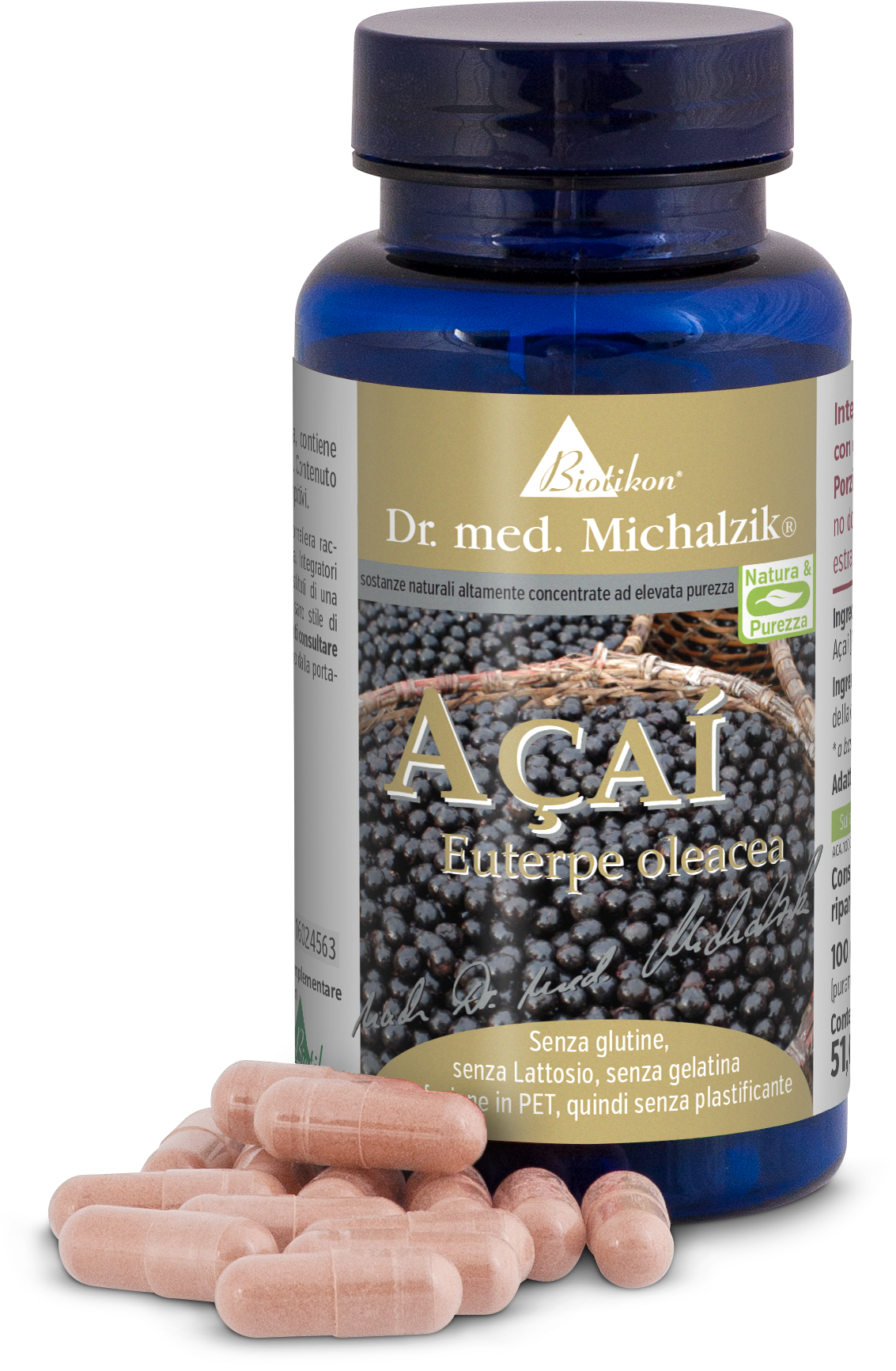 Capsule di Açai – 100 Pezzi Capsule di Açai in una bottiglia blu, 100 pezzi, capsule rosa mostrate frontalmente.