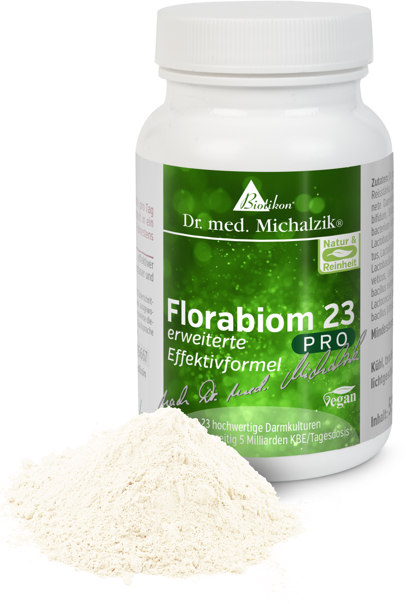 Florabiom 23 PRO – Polvere Probiotica, 250g Polvere probiotica con 23 colture intestinali di alta qualità, barattolo da 250g con contenuto bianco.