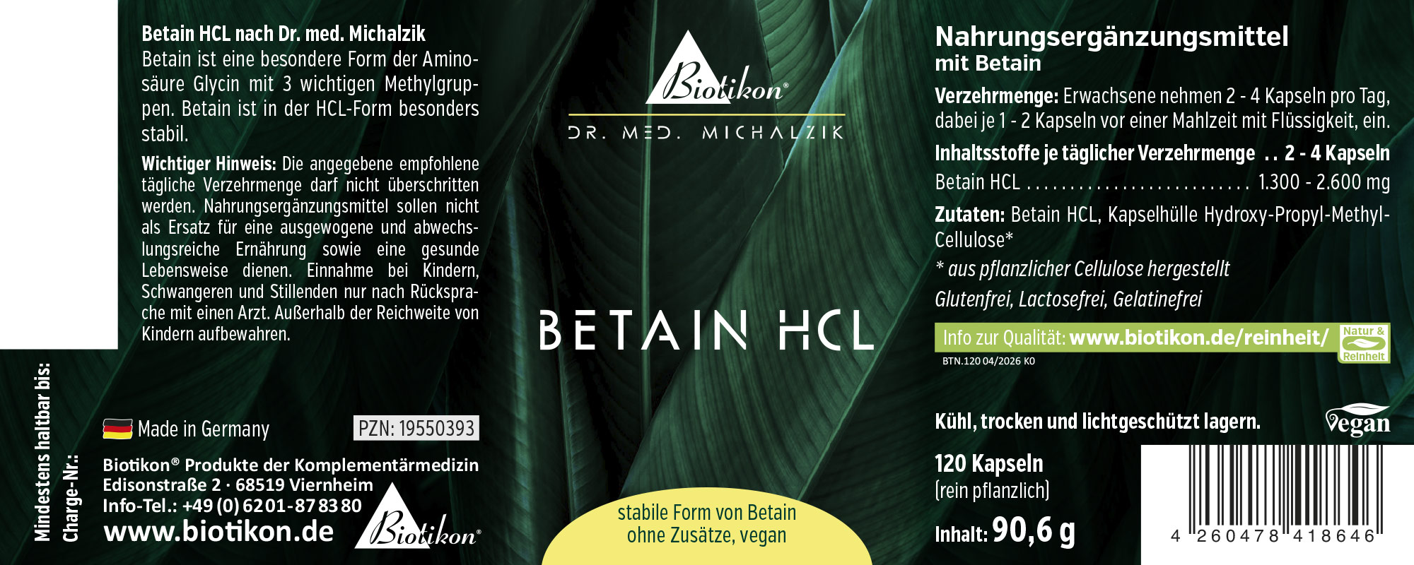Integratore alimentare Betaina HCL in un pacco da 120 capsule vegane, confezione verde, vista frontale.