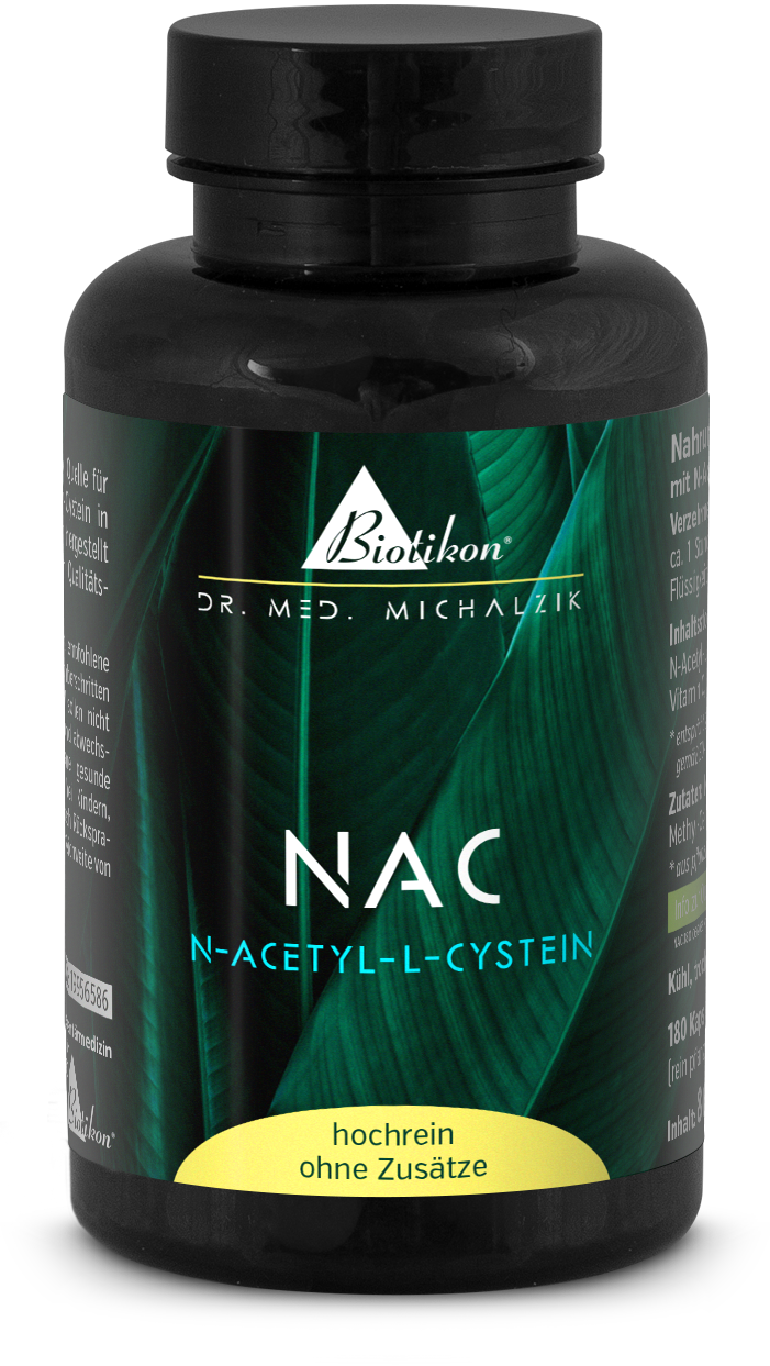N-Acetil L-Cisteina – 180 Capsule Bottiglia nera contenente N-Acetil L-Cisteina, 180 capsule, alta qualità, senza additivi, vista frontale.