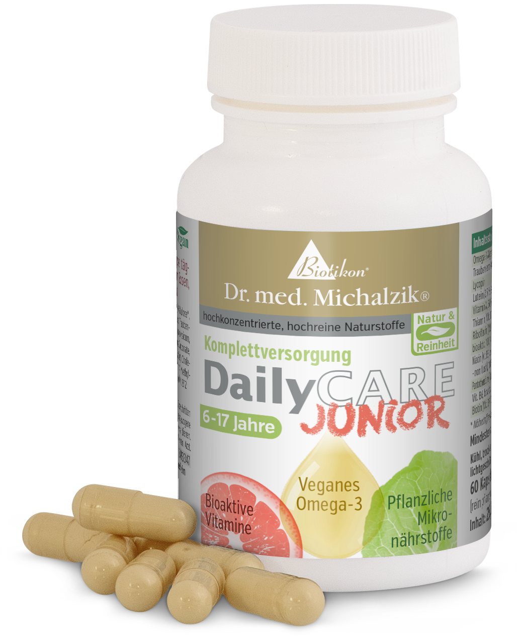Omega-3 Vegetale – Capsule per Bambini Bottiglia con 60 capsule di integratore Omega-3 vegetale, capsule gialle, vista frontale.