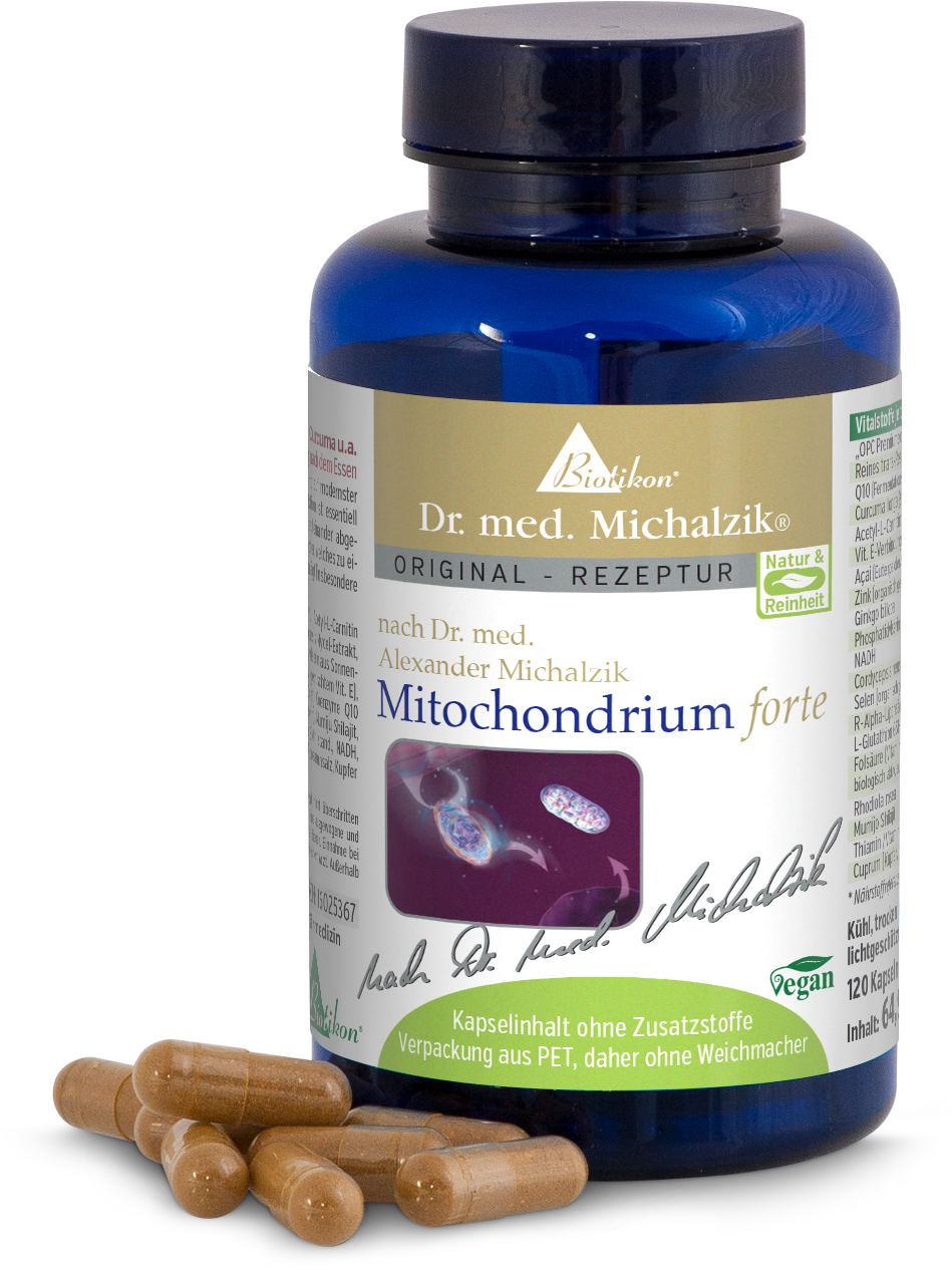 Mitochondrium Forte – 120 Capsule Vegane Flacone blu con 120 capsule vegane, capsule beige esposte sul tavolo.