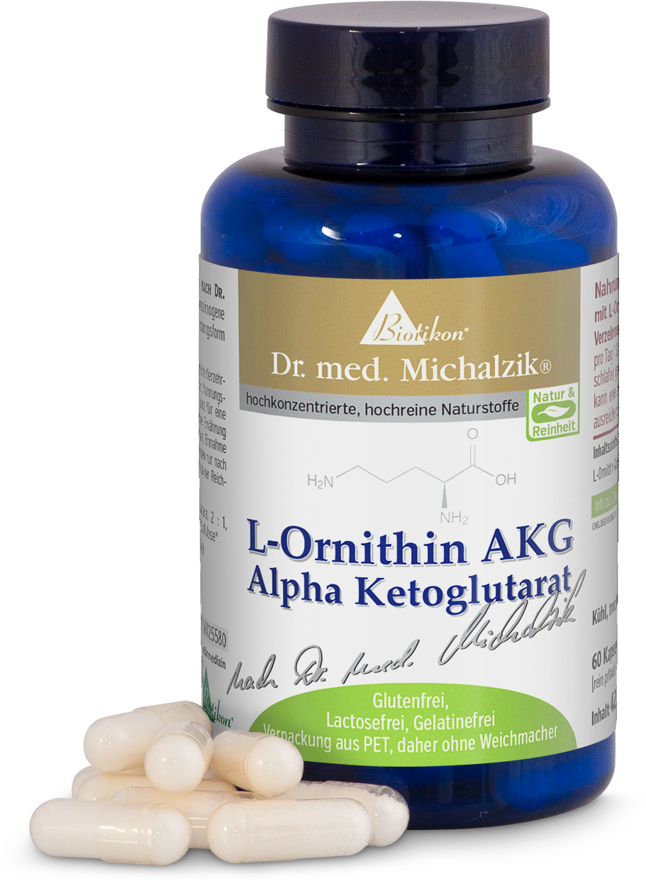 L-Ornitina AKG – 60 Capsule Contenitore in plastica blu con 60 capsule di L-Ornitina AKG, vista frontale, integratore alimentare.