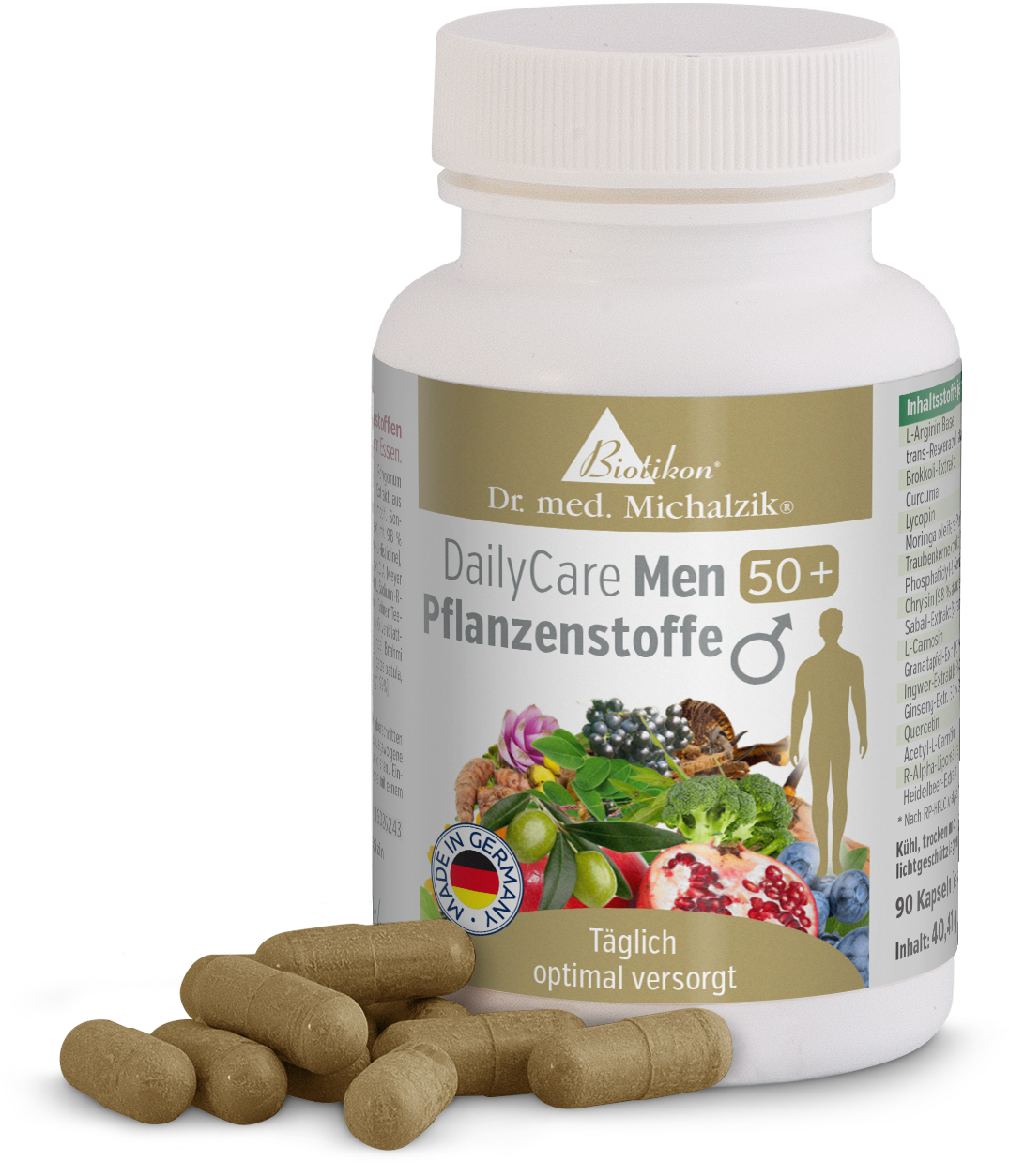 Capsule a base vegetale 90 pcs – DailyCare Men 50+ Imballaggio delle capsule DailyCare Men 50+, 90 capsule a base vegetale in un flacone chiaro, circondate da capsule.
