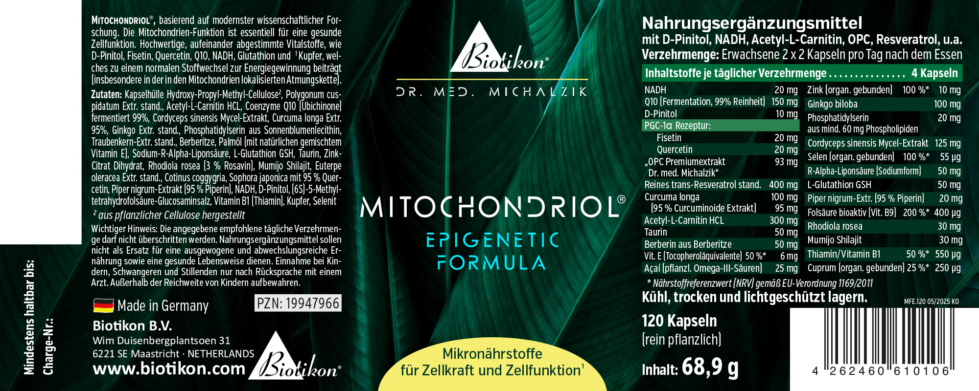 Mitochondriol 120 Capsule – Integratore Alimentare Integratore alimentare in un imballaggio scuro con design verde, contiene 120 capsule vegetali.