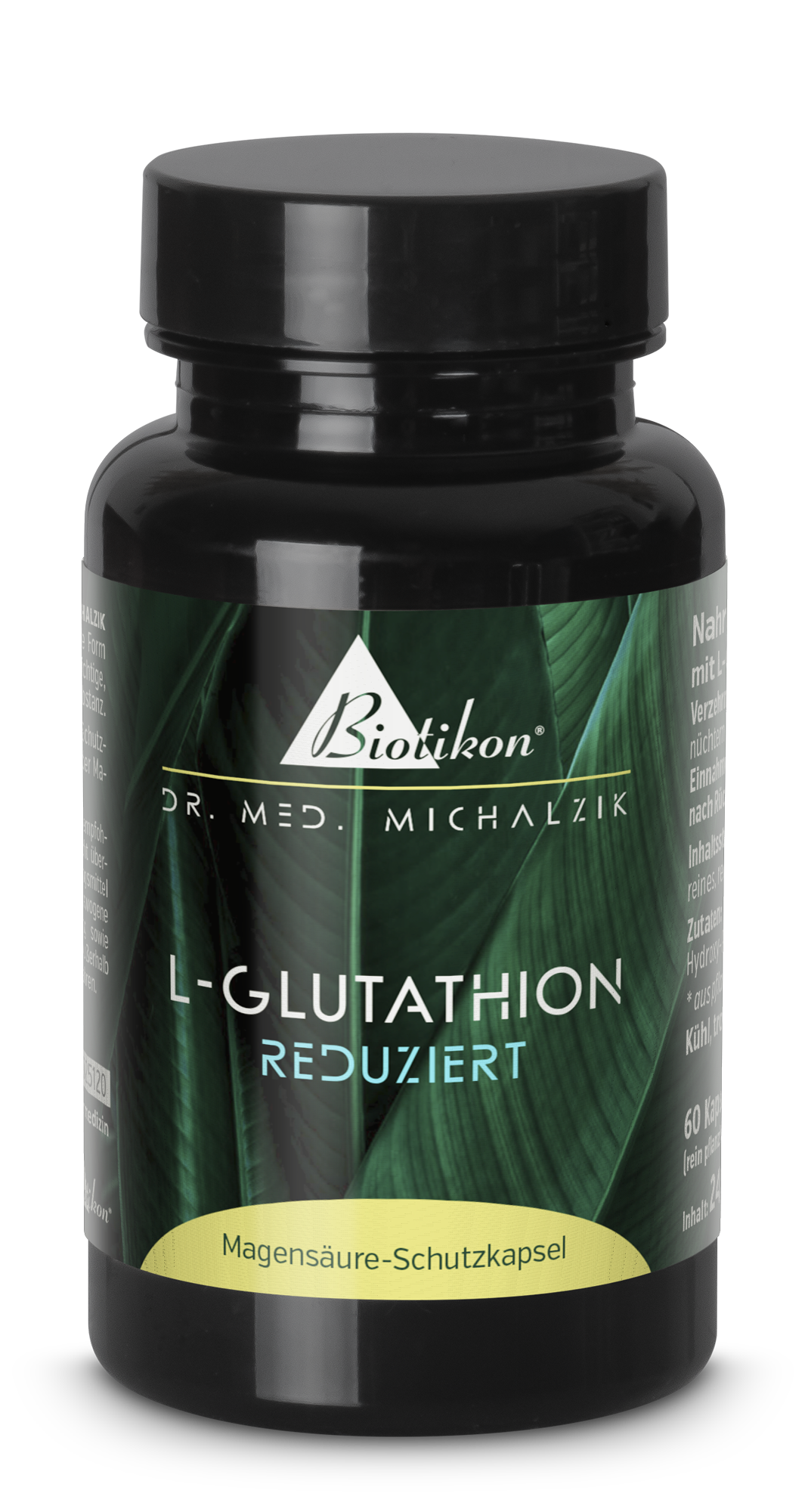 Contenitore di plastica blu con capsule di L-Glutatione, 60 pezzi, senza glutine, capsule vegane, vista frontale.