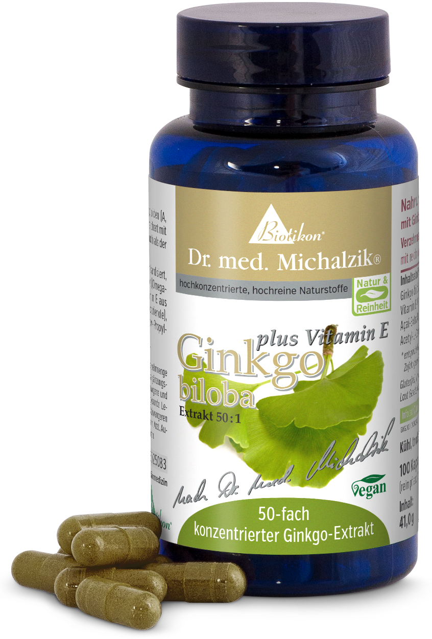 Capsule di Ginkgo Biloba 50:1 – 100 Pezzi Bottiglia di vetro blu con estratto di Ginkgo 50x e vitamina E, capsule marrone-verdi in primo piano.