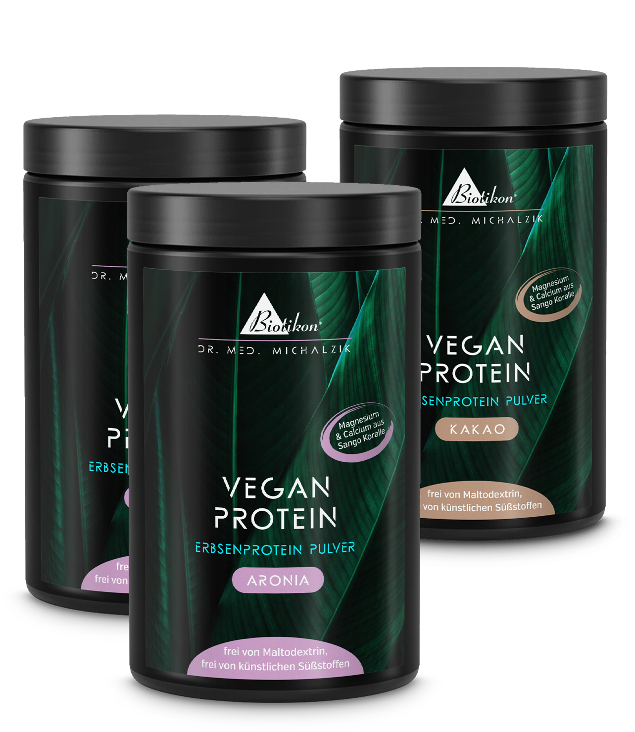 Due contenitori di proteine vegetali in polvere nei gusti Aronia e Cacao, bianchi con etichette colorate, vista frontale.