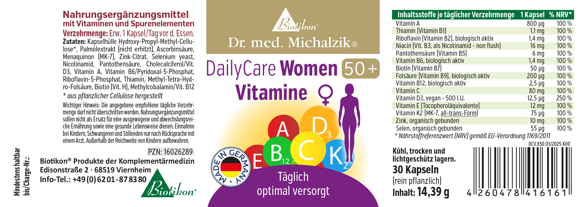 Integratore di vitamine DailyCare Donne 50+ DailyCare Donne 50+ Vitamina E, 30 capsule in confezione blu, vista laterale.