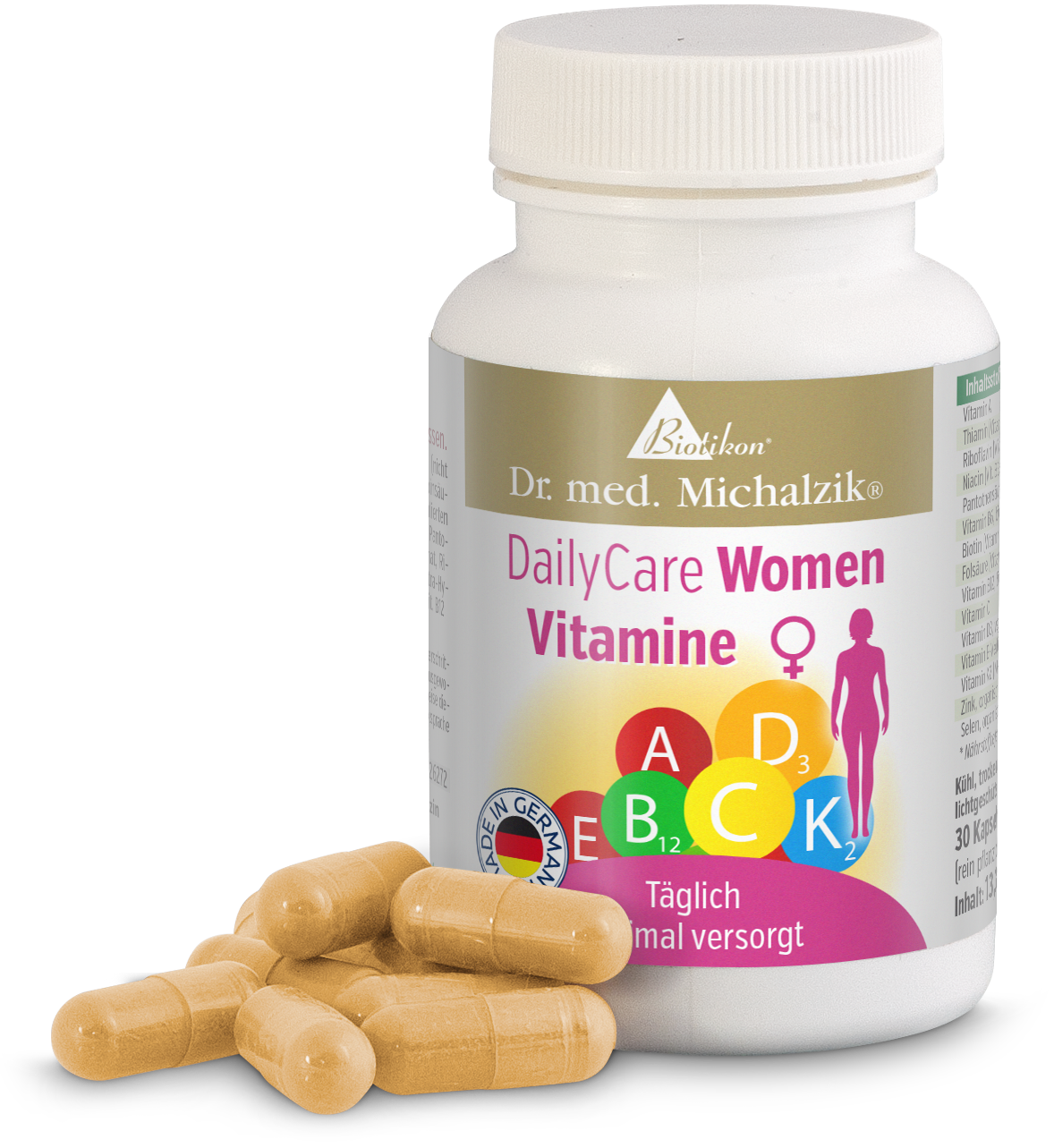 Vitamina DailyCare Donne – 30 Capsule Contenitore di plastica bianca con 30 capsule, capsule beige davanti, etichetta colorata.
