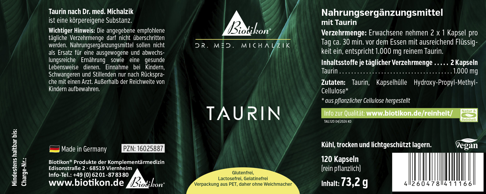 Integratore alimentare con taurina in capsule, 120 pezzi, confezione verde.