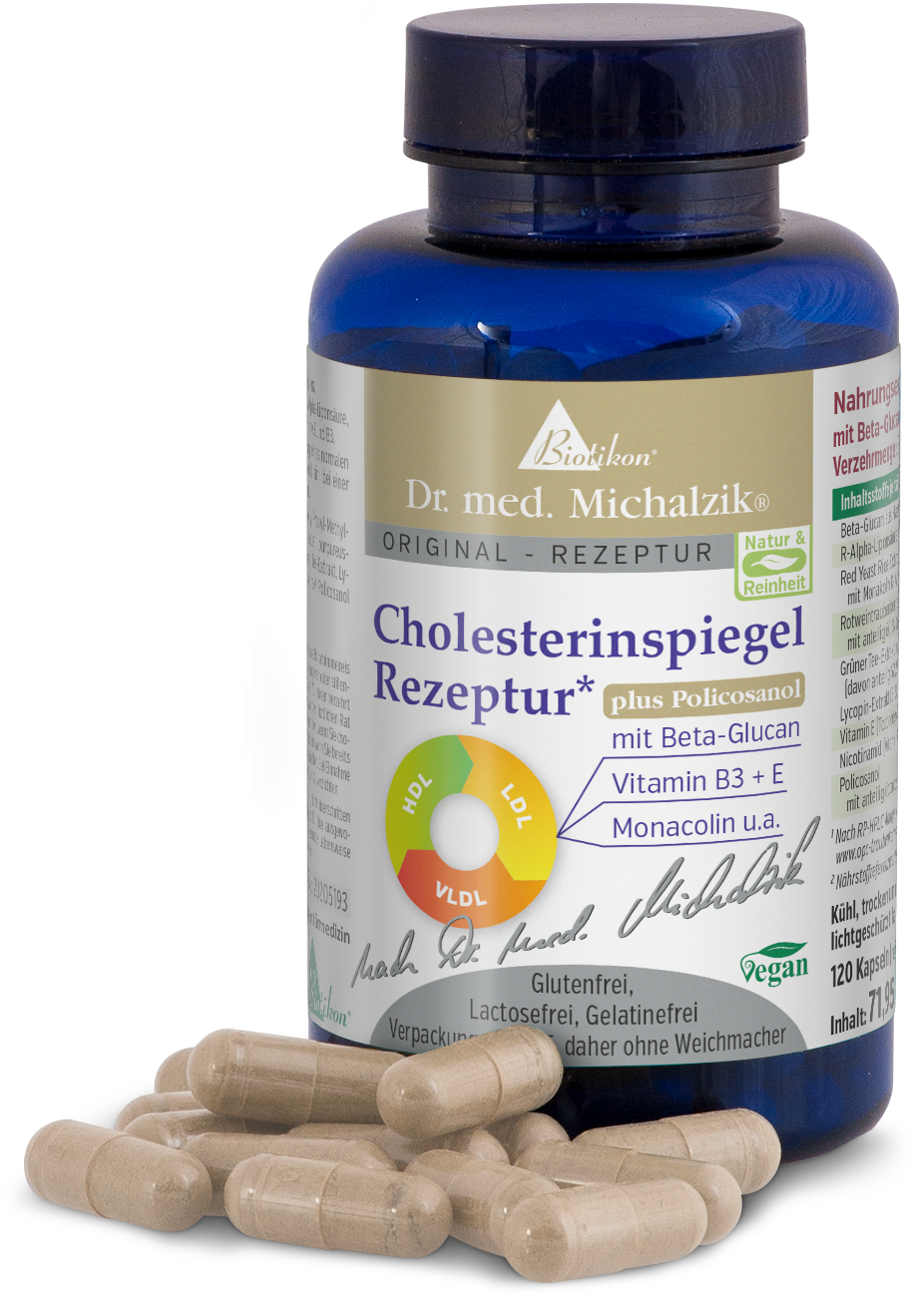 Capsule Policosanol Regulat Plus per il Colesterolo Capsule marroni in una bottiglia blu con 90 pezzi, vegane e senza glutine.