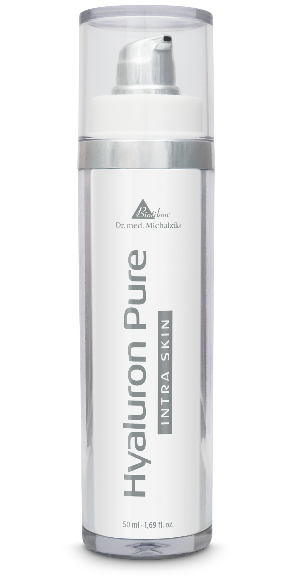 Hyaluron Pure 50 ml - Bottiglia a Pompa Hyaluron Pure in una bottiglia a pompa trasparente, 50 ml, accenti argento, visibilità chiara.
