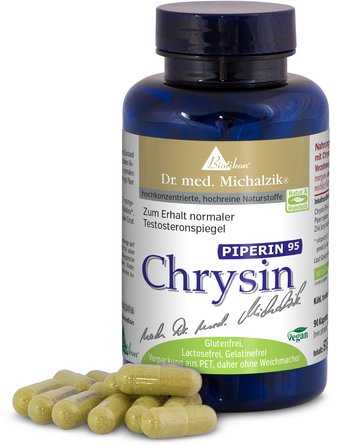 Chrysin 90 Capsule – Integratore Alimentare Bottiglia blu con 90 capsule giallastre, vegane, senza glutine, su sfondo bianco.