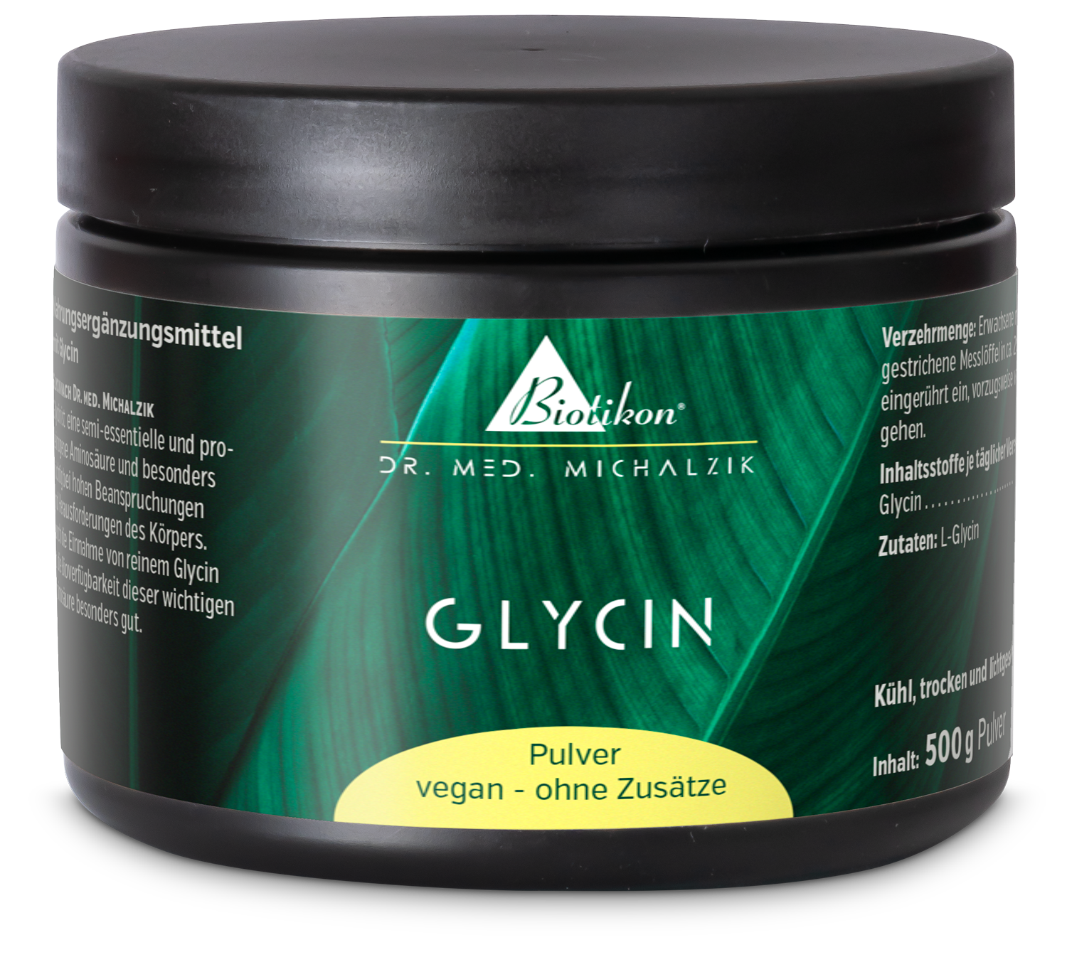 Polvere di Glicina – 500 g Polvere di glicina in contenitore nero, 500 g, vegan, senza additivi.