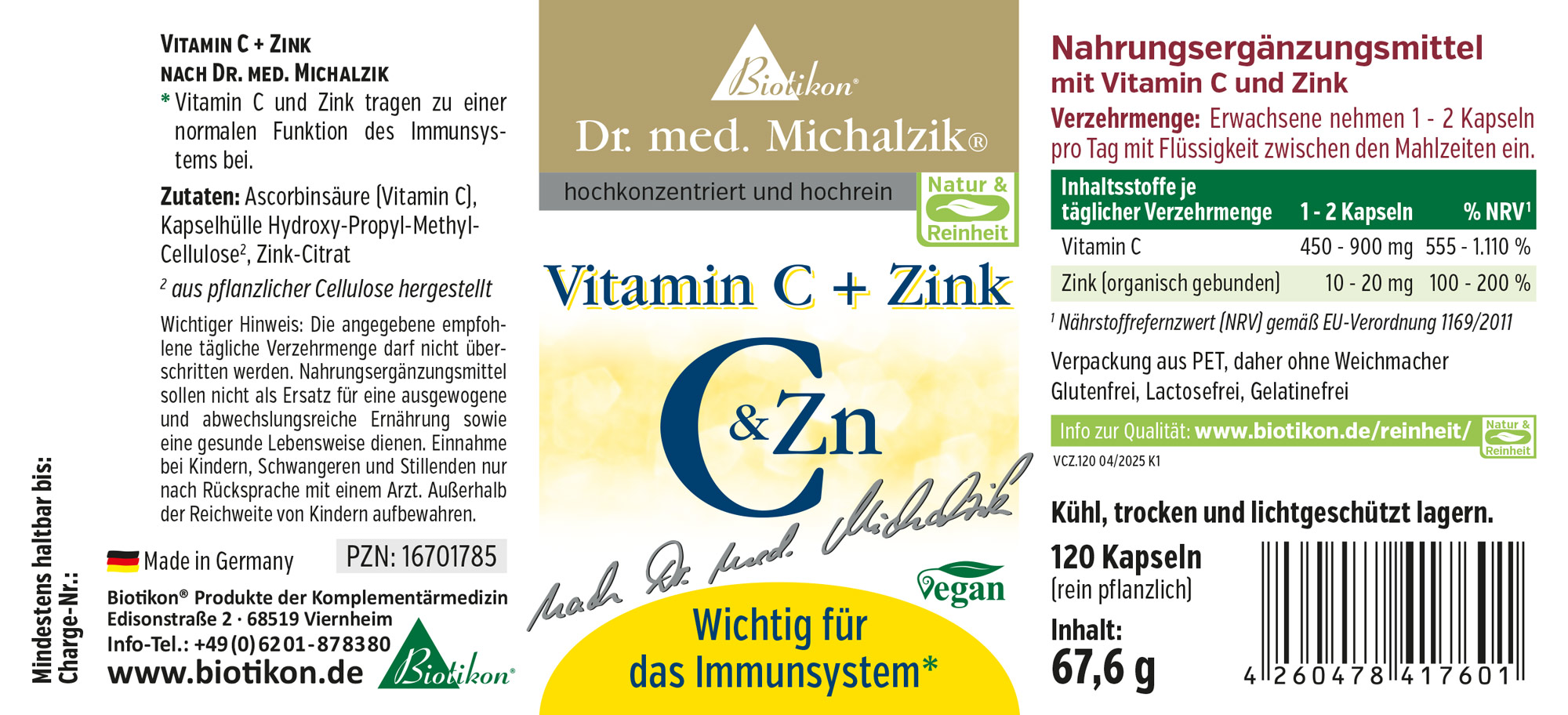 Vitamina C + Zinco 120 Capsule - Vegana Integratore alimentare con vitamina C e zinco, 120 capsule in confezione trasparente, vegano, realizzato in cellulosa vegetale.