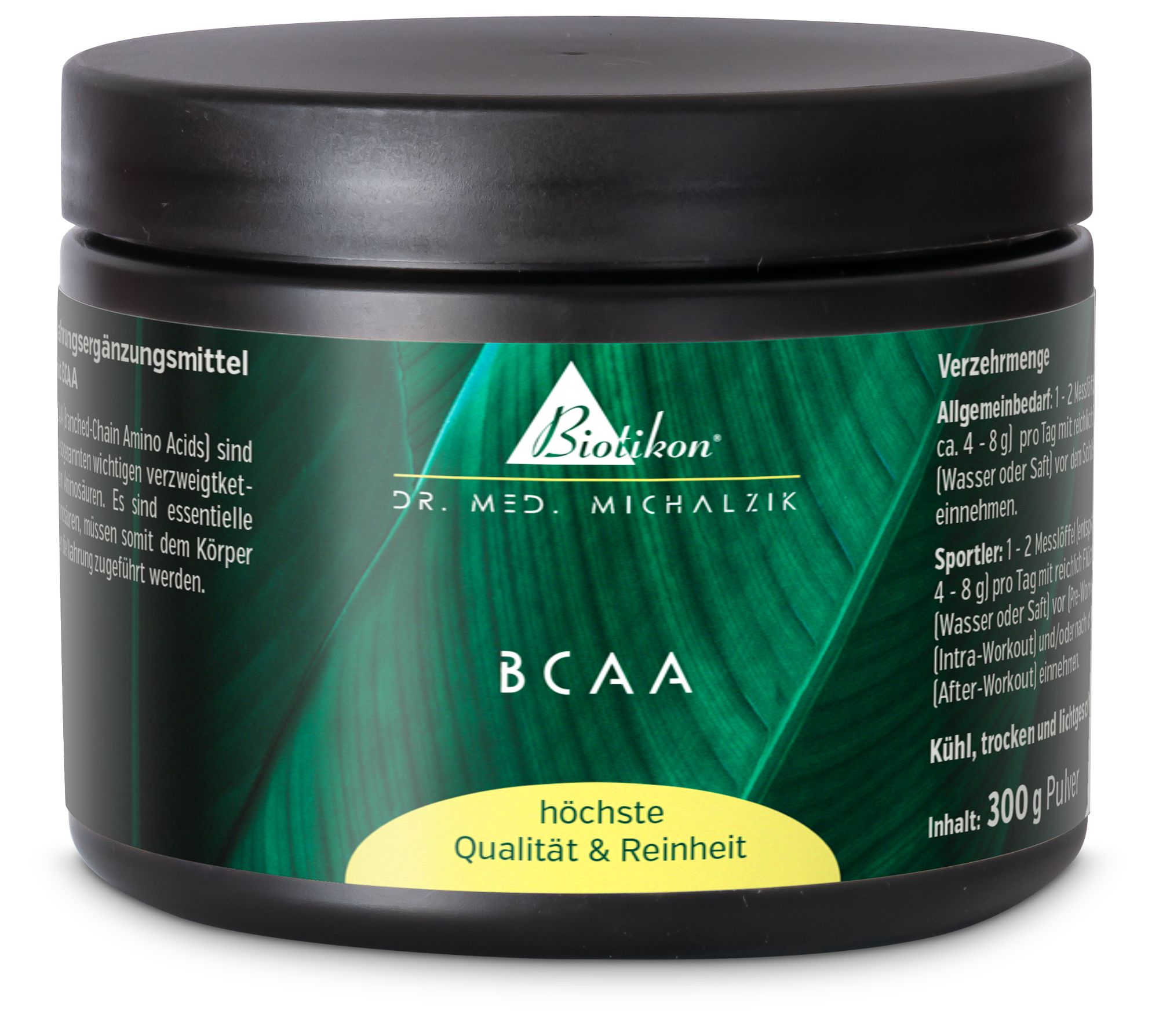 BCAA 300 g – Polvere Contenitore da 300 g di integratore alimentare BCAA in nero, con imballaggio verde.