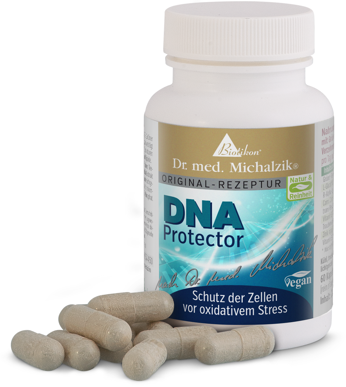 Protettore del DNA – Capsule Capsule DNA Protector, 60 pezzi in flacone bianco, vegane, visibili lateralmente.