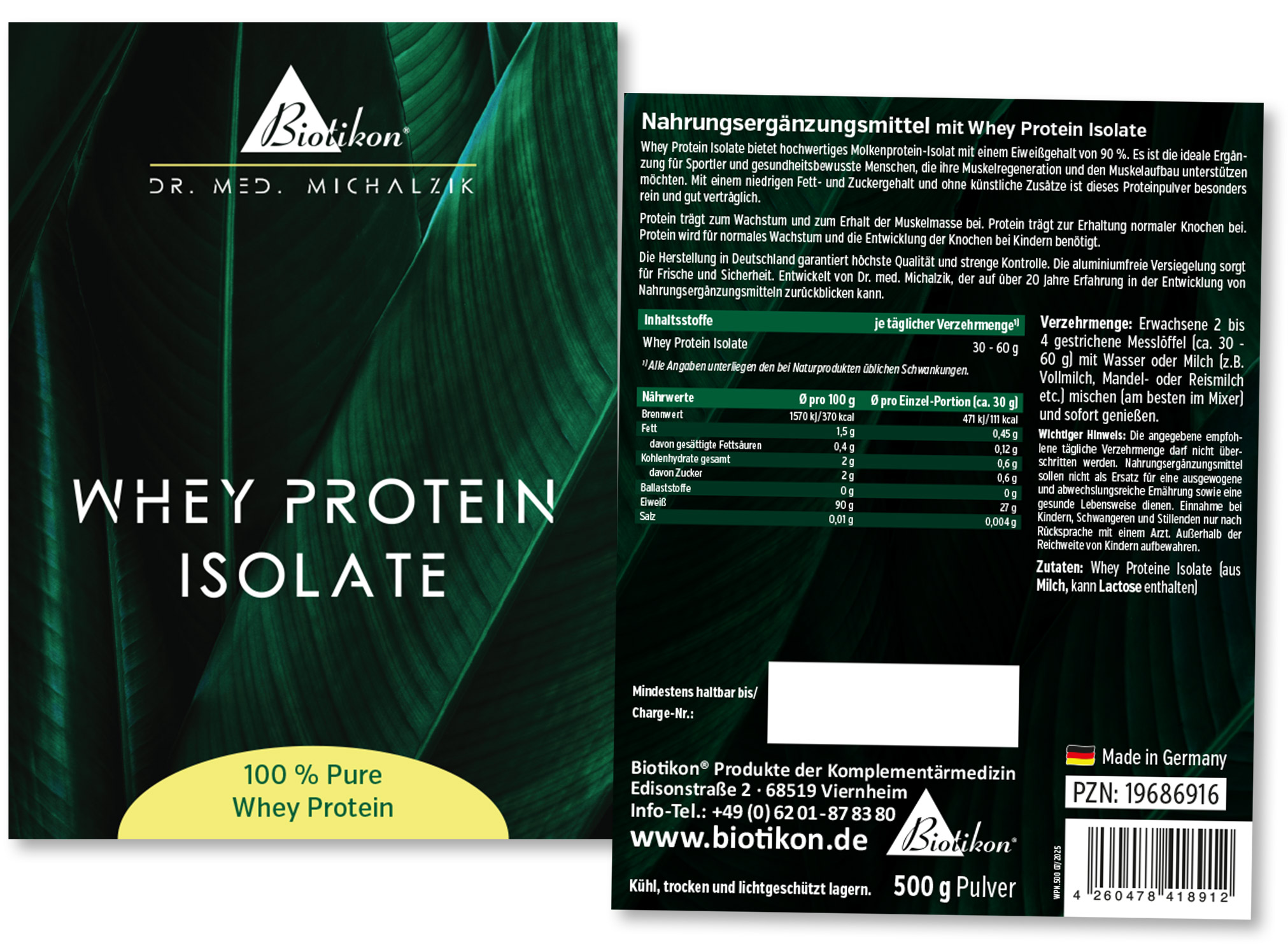 Isolato di proteine Whey – 500 g Polvere Isolato di proteine Whey in confezione da 500 g, forma in polvere, confezione verde con elementi bianchi e gialli, vista frontale.